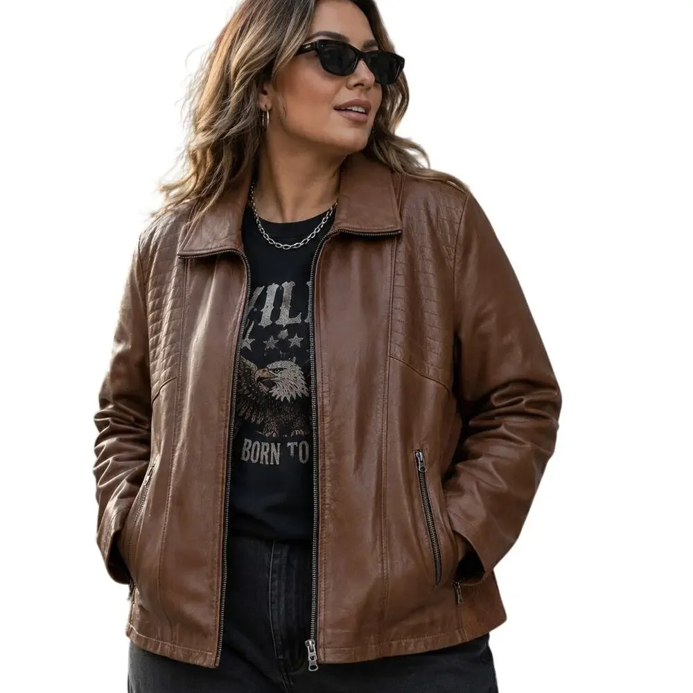 Jild Leather & Plush Jacket Womens Size 2X Brown Full Zip Moto Outdoor Biker
